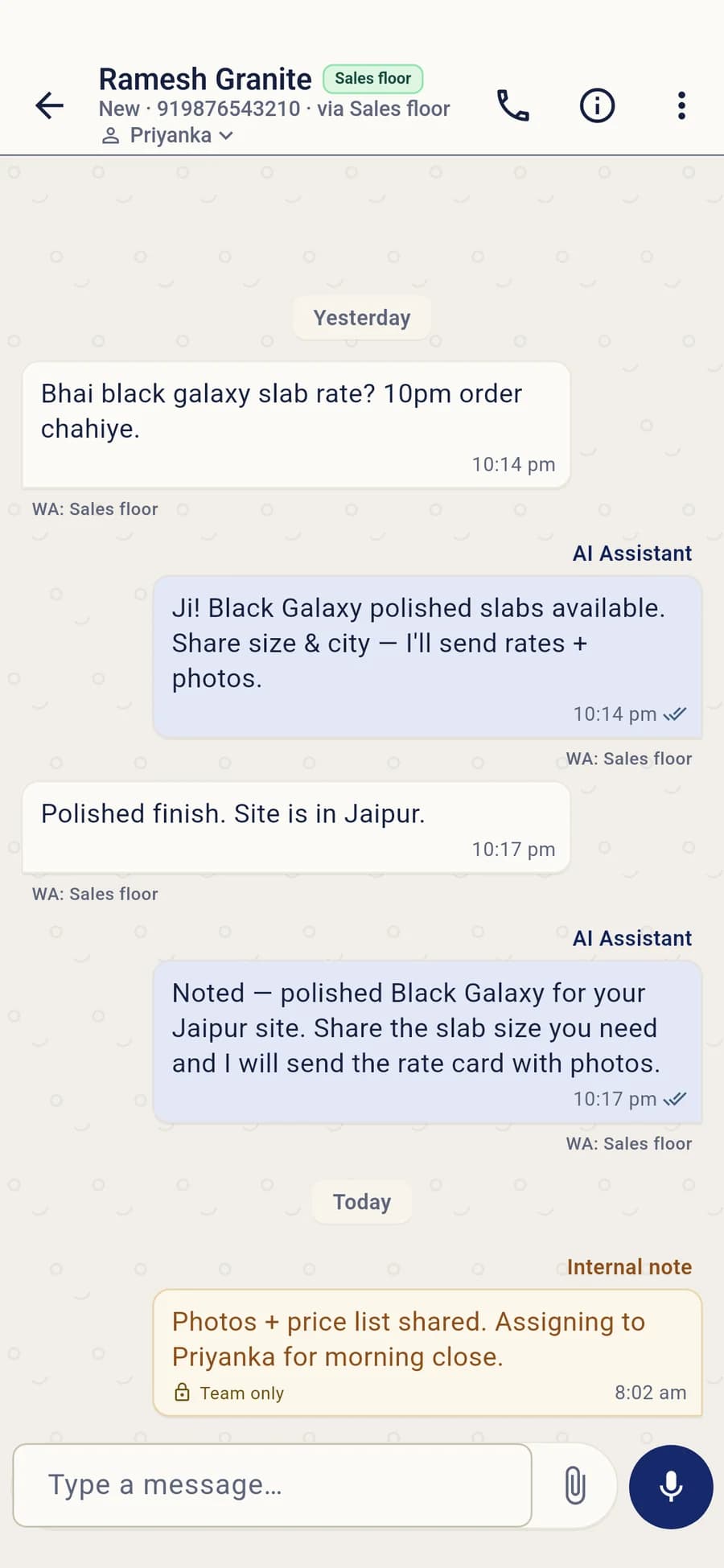 VentaIQ product screen: Ramesh Granite's WhatsApp enquiry for Black Galaxy slabs, answered by the AI assistant