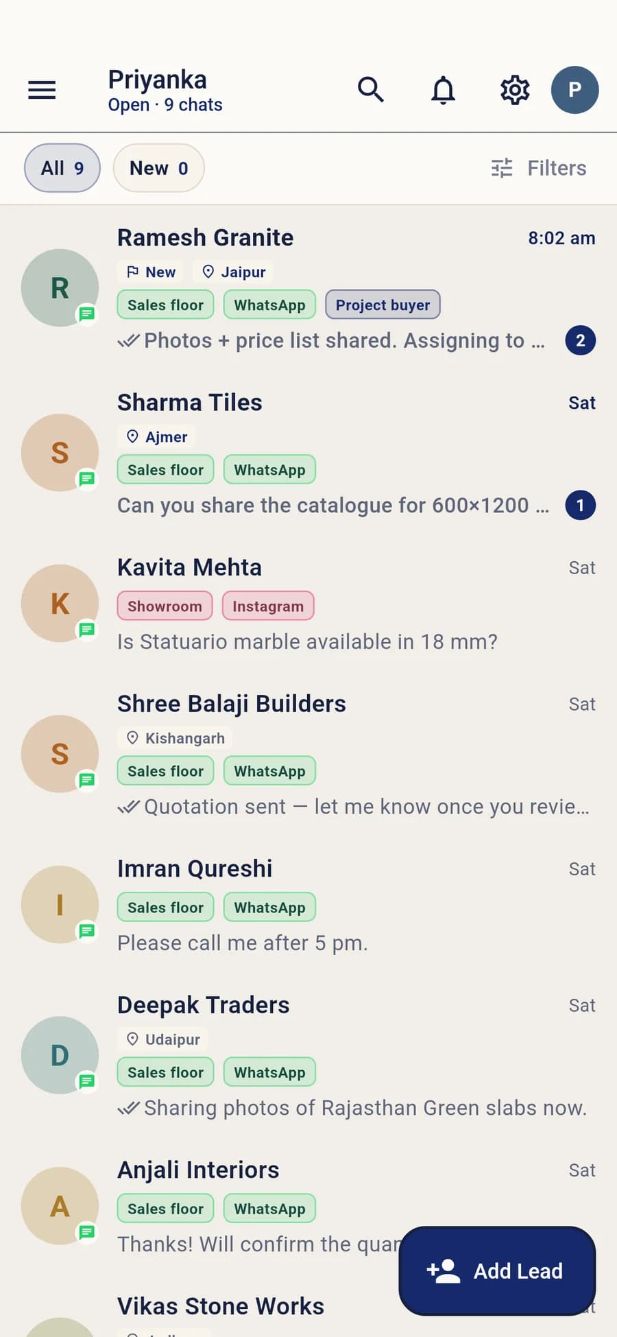 VentaIQ mobile inbox: Priyanka's open chats with Ramesh Granite at the top