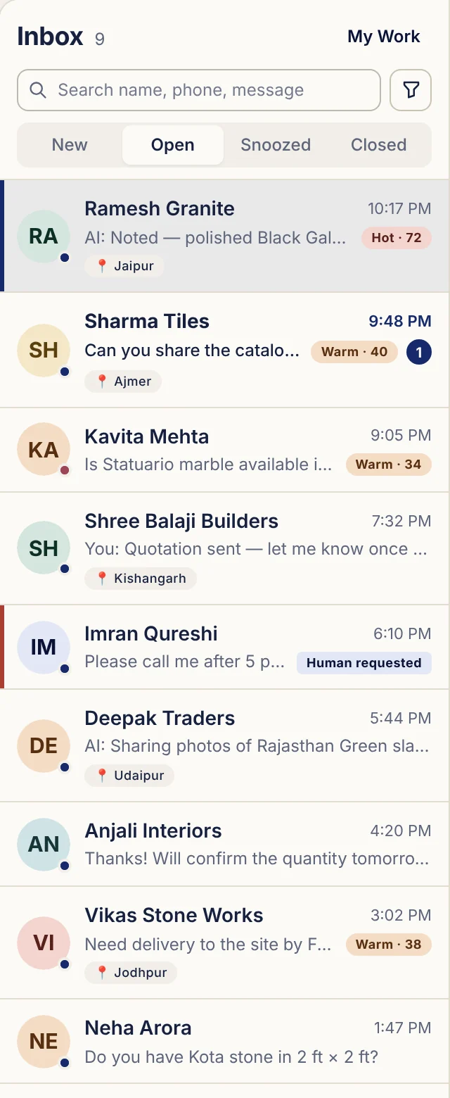 Inbox list with hot and warm leads, city tags and a human-requested chat